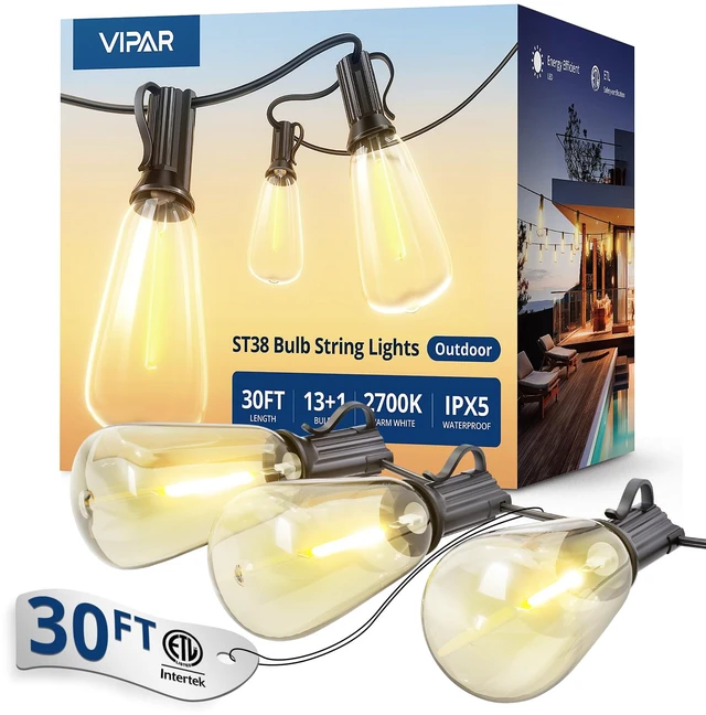 Main image of VIPAR Outdoor String Lights, 30FT LED Patio Lights Waterproof 14 ST38 Bulbs Shatterproof,Edison Outside Lights,Plug-In,2700K Dimmable, Connectable, Hanging Light for Porch Garden Backyard Deck Balcony