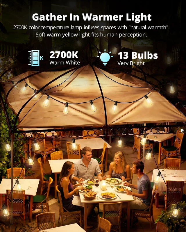 Alt view image 4 of 7 - VIPAR Outdoor String Lights, 30FT LED Patio Lights Waterproof 14 ST38 Bulbs Shatterproof,Edison Outside Lights,Plug-In,2700K Dimmable, Connectable, Hanging Light for Porch Garden Backyard Deck Balcony