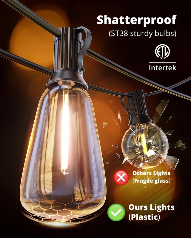 Alt view image 5 of 7 - VIPAR Outdoor String Lights, 30FT LED Patio Lights Waterproof 14 ST38 Bulbs Shatterproof,Edison Outside Lights,Plug-In,2700K Dimmable, Connectable, Hanging Light for Porch Garden Backyard Deck Balcony