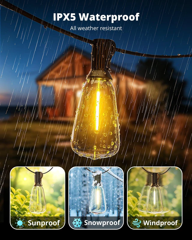 Alt view image 6 of 7 - VIPAR Outdoor String Lights, 30FT LED Patio Lights Waterproof 14 ST38 Bulbs Shatterproof,Edison Outside Lights,Plug-In,2700K Dimmable, Connectable, Hanging Light for Porch Garden Backyard Deck Balcony