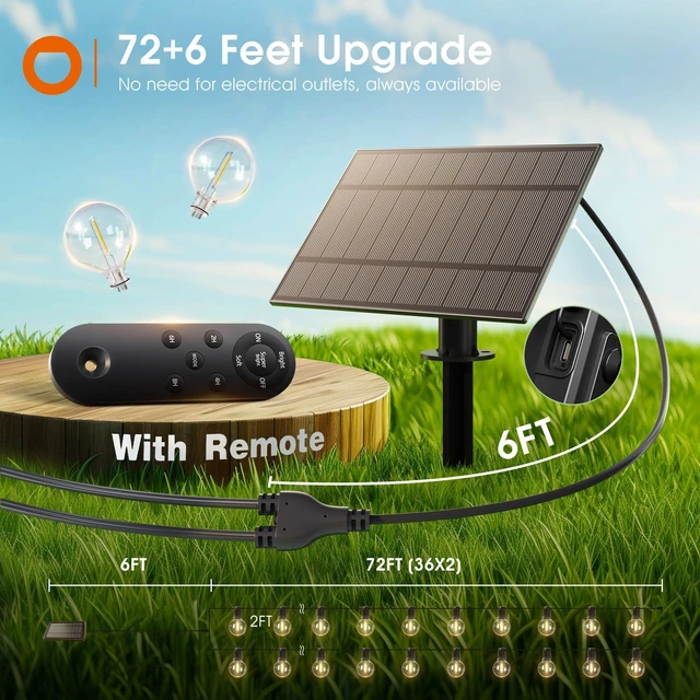 Alt view image 6 of 7 - 78FT(72+6) Solar String Lights with Remote, 38 LED G40 Bulbs Commercial Grade Solar Powered Outdoor Lights, Dimmable Waterproof Solar Lights Outdoor, for Outside Porch Backyard House