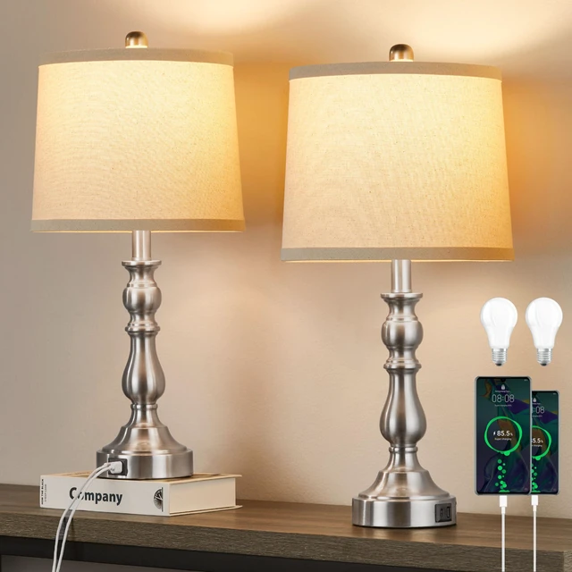 Main image of 23'' Table Lamps Set of 2, Silver Lamps for Bedroom, USB C+A Ports Bedside Lamps with 3 Color Temperatures, Knob Switch, Lamps for Living Room, Office, Night Stands, End Table, Bulbs Included