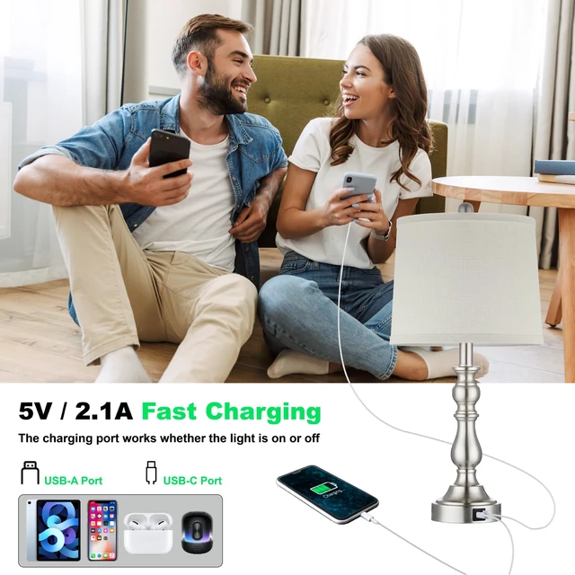 Alt view image 3 of 7 - 23'' Table Lamps Set of 2, Silver Lamps for Bedroom, USB C+A Ports Bedside Lamps with 3 Color Temperatures, Knob Switch, Lamps for Living Room, Office, Night Stands, End Table, Bulbs Included