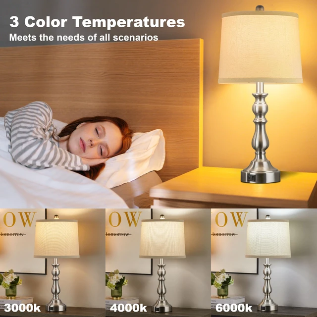 Alt view image 2 of 7 - 23'' Table Lamps Set of 2, Silver Lamps for Bedroom, USB C+A Ports Bedside Lamps with 3 Color Temperatures, Knob Switch, Lamps for Living Room, Office, Night Stands, End Table, Bulbs Included