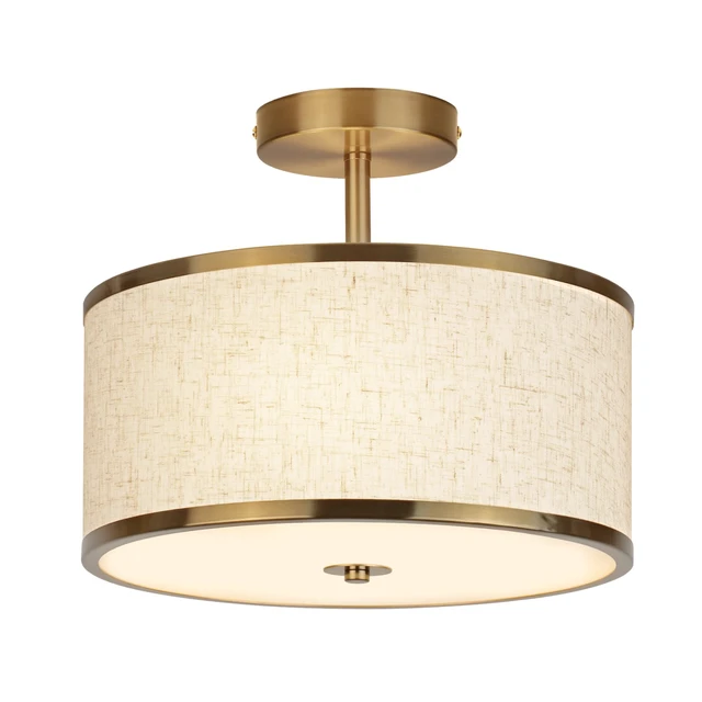 Main image of 12.6 Inch Semi Flush Mount Ceiling Light, 3-Light Drum Lamp with Gold Brass Finish and Beige Shade, Ideal for Bedroom, Kitchen, Dining Room, Hallway, Entryway, and Foyer
