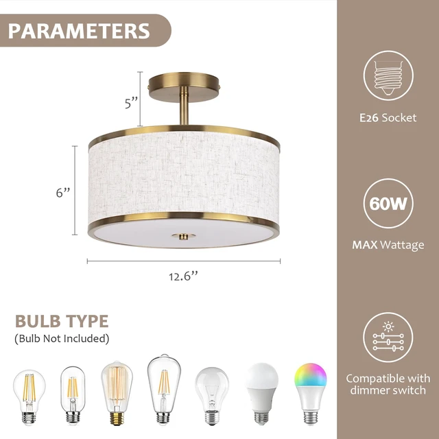 Alt view image 2 of 7 - 12.6 Inch Semi Flush Mount Ceiling Light, 3-Light Drum Lamp with Gold Brass Finish and Beige Shade, Ideal for Bedroom, Kitchen, Dining Room, Hallway, Entryway, and Foyer