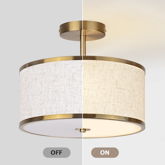 Alt view image 4 of 7 - 12.6 Inch Semi Flush Mount Ceiling Light, 3-Light Drum Lamp with Gold Brass Finish and Beige Shade, Ideal for Bedroom, Kitchen, Dining Room, Hallway, Entryway, and Foyer