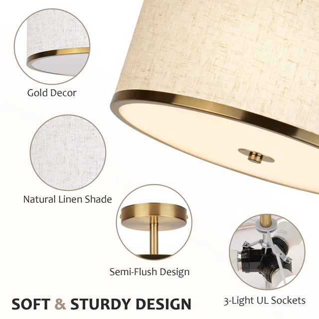 Alt view image 3 of 7 - 12.6 Inch Semi Flush Mount Ceiling Light, 3-Light Drum Lamp with Gold Brass Finish and Beige Shade, Ideal for Bedroom, Kitchen, Dining Room, Hallway, Entryway, and Foyer