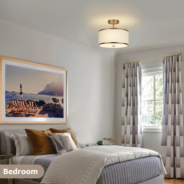 Alt view image 5 of 7 - 12.6 Inch Semi Flush Mount Ceiling Light, 3-Light Drum Lamp with Gold Brass Finish and Beige Shade, Ideal for Bedroom, Kitchen, Dining Room, Hallway, Entryway, and Foyer