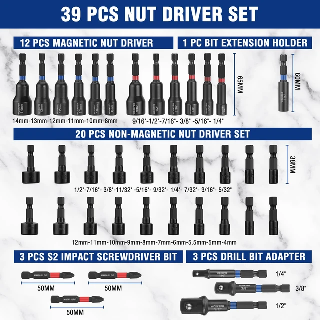 Alt view image 2 of 7 - 39 PCS Magnetic Nut Driver Set, Impact Driver Bit 1/4" Hex Shank SAE & Metric Cr-V Steel Power Nut Drivers with Impact Socket Adapters, Screwdriver Bits, Bit Holder, Sturdy Tool Box