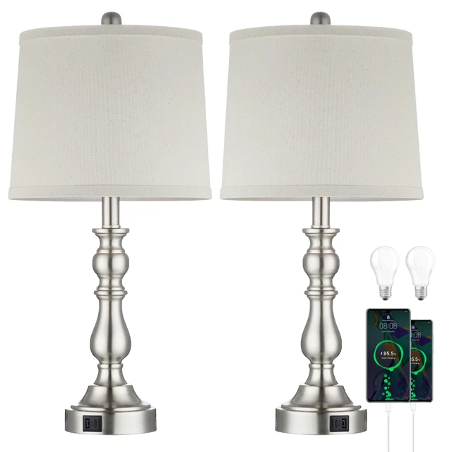 Alt view image 7 of 7 - 23'' Table Lamps Set of 2, Silver Lamps for Bedroom, USB C+A Ports Bedside Lamps with 3 Color Temperatures, Knob Switch, Lamps for Living Room, Office, Night Stands, End Table, Bulbs Included