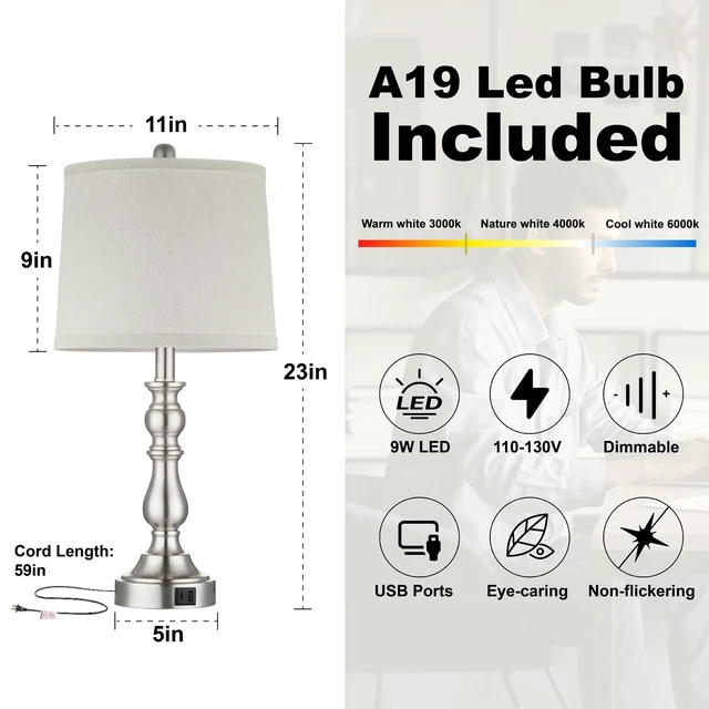 Alt view image 5 of 7 - 23'' Table Lamps Set of 2, Silver Lamps for Bedroom, USB C+A Ports Bedside Lamps with 3 Color Temperatures, Knob Switch, Lamps for Living Room, Office, Night Stands, End Table, Bulbs Included