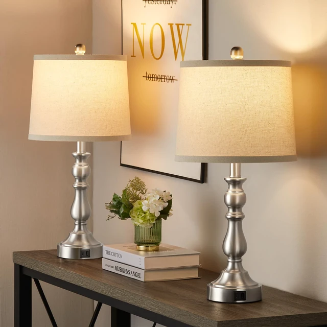 Alt view image 6 of 7 - 23'' Table Lamps Set of 2, Silver Lamps for Bedroom, USB C+A Ports Bedside Lamps with 3 Color Temperatures, Knob Switch, Lamps for Living Room, Office, Night Stands, End Table, Bulbs Included