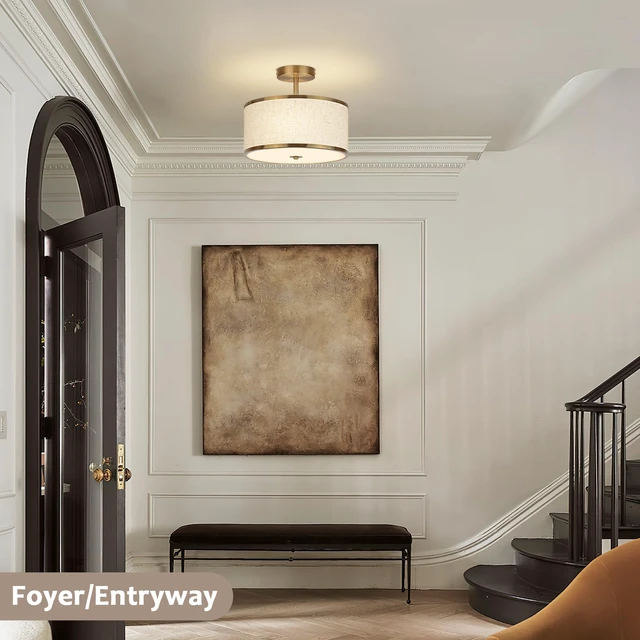 Alt view image 7 of 7 - 12.6 Inch Semi Flush Mount Ceiling Light, 3-Light Drum Lamp with Gold Brass Finish and Beige Shade, Ideal for Bedroom, Kitchen, Dining Room, Hallway, Entryway, and Foyer