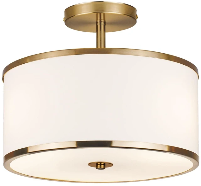Main image of Luxury Semi Flush Mount Ceiling Light, 3-Light Drum Lamp with Gold Brass Finish and Fabric Shade, Ideal for Bedroom, Kitchen, Dining Room, Hallway, Entryway, and Foyer, 12.6"