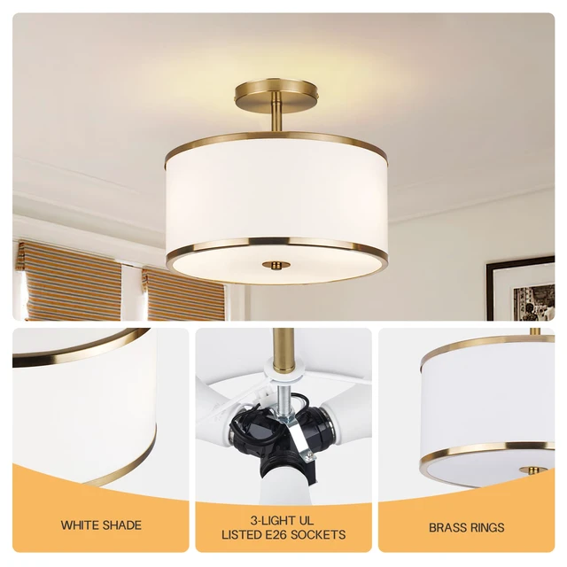 Alt view image 2 of 7 - Luxury Semi Flush Mount Ceiling Light, 3-Light Drum Lamp with Gold Brass Finish and Fabric Shade, Ideal for Bedroom, Kitchen, Dining Room, Hallway, Entryway, and Foyer, 12.6"