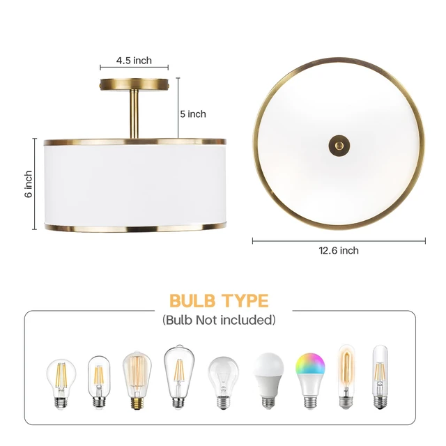 Alt view image 3 of 7 - Luxury Semi Flush Mount Ceiling Light, 3-Light Drum Lamp with Gold Brass Finish and Fabric Shade, Ideal for Bedroom, Kitchen, Dining Room, Hallway, Entryway, and Foyer, 12.6"