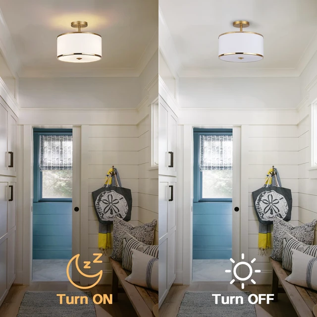 Alt view image 4 of 7 - Luxury Semi Flush Mount Ceiling Light, 3-Light Drum Lamp with Gold Brass Finish and Fabric Shade, Ideal for Bedroom, Kitchen, Dining Room, Hallway, Entryway, and Foyer, 12.6"