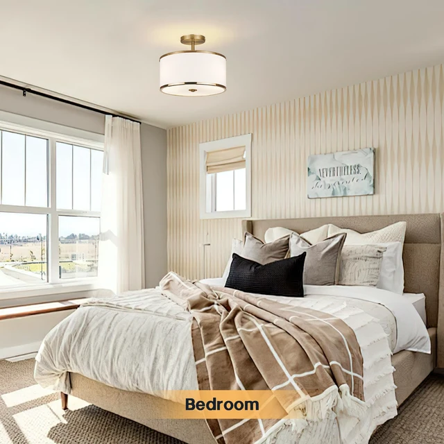 Alt view image 5 of 7 - Luxury Semi Flush Mount Ceiling Light, 3-Light Drum Lamp with Gold Brass Finish and Fabric Shade, Ideal for Bedroom, Kitchen, Dining Room, Hallway, Entryway, and Foyer, 12.6"