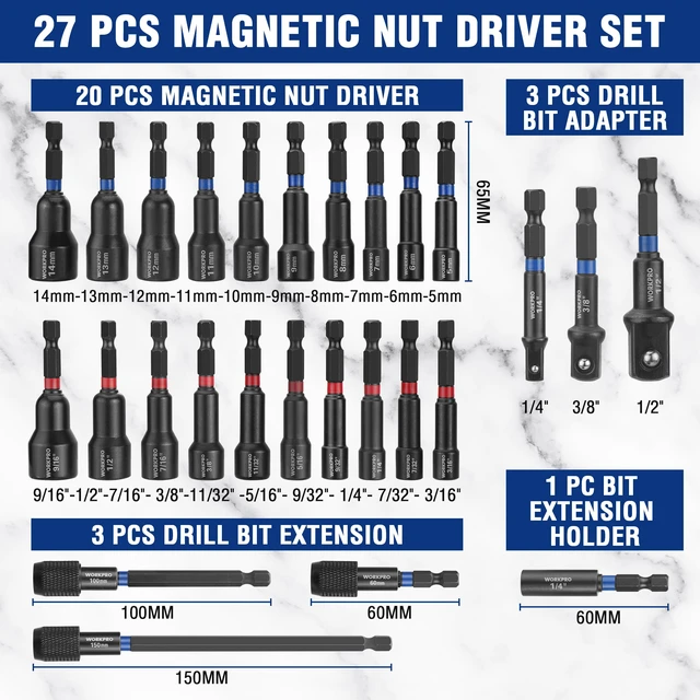 Alt view image 2 of 7 - 27 PCS Magnetic Nut Driver Set with Quick-Release Extensions Impact Drill Driver Bit 1/4" Hex Shank, SAE & Metric Cr-V Power Nut Drivers, Impact Socket Adapters, Bit Holder and Toolbox