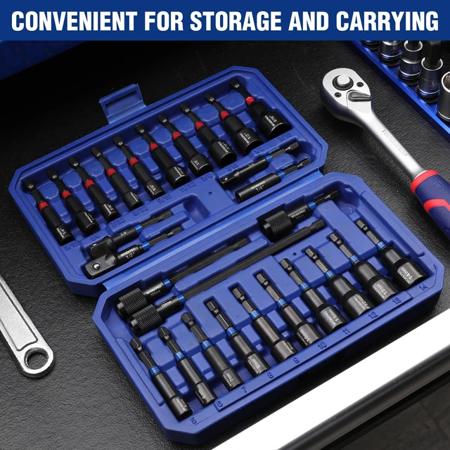 Alt view image 7 of 7 - 27 PCS Magnetic Nut Driver Set with Quick-Release Extensions Impact Drill Driver Bit 1/4" Hex Shank, SAE & Metric Cr-V Power Nut Drivers, Impact Socket Adapters, Bit Holder and Toolbox