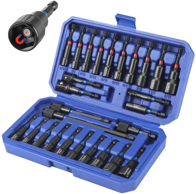 Main image of 27 PCS Magnetic Nut Driver Set with Quick-Release Extensions Impact Drill Driver Bit 1/4" Hex Shank, SAE & Metric Cr-V Power Nut Drivers, Impact Socket Adapters, Bit Holder and Toolbox