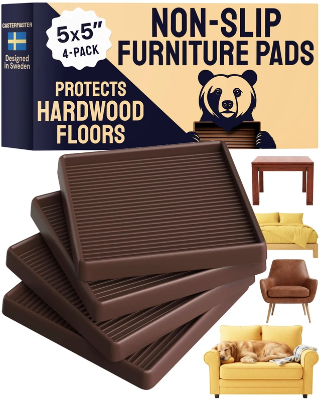 Main image of Square Rubber Pads - 5x5 in Brown, 4 Pack Non-slip caster cups - anti-skid - Use for couches, beds & chairs on hardwood, tile & vinyl
