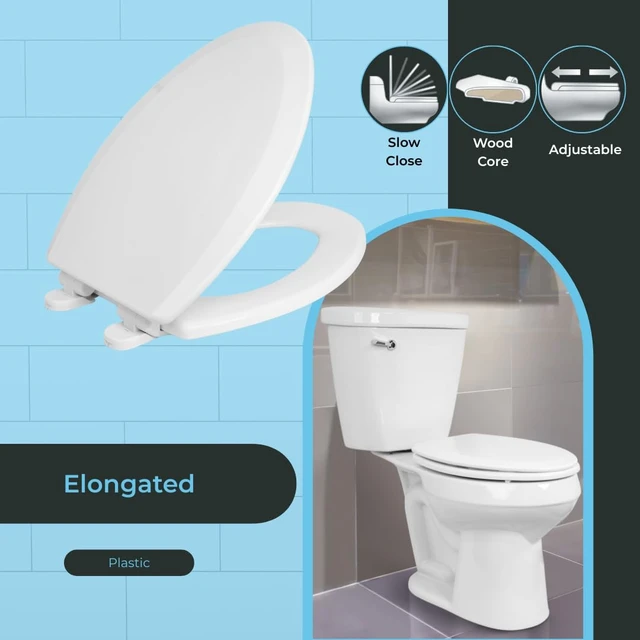 Alt view image 2 of 7 - Elongated Toilet Seat, Slow Close, Wood Core/Plastic Finish, White Heavy-Duty Wood Core with Plastic Scratch-Resistant Finish, Chrome Hinge, Made in the USA, 900SC-001