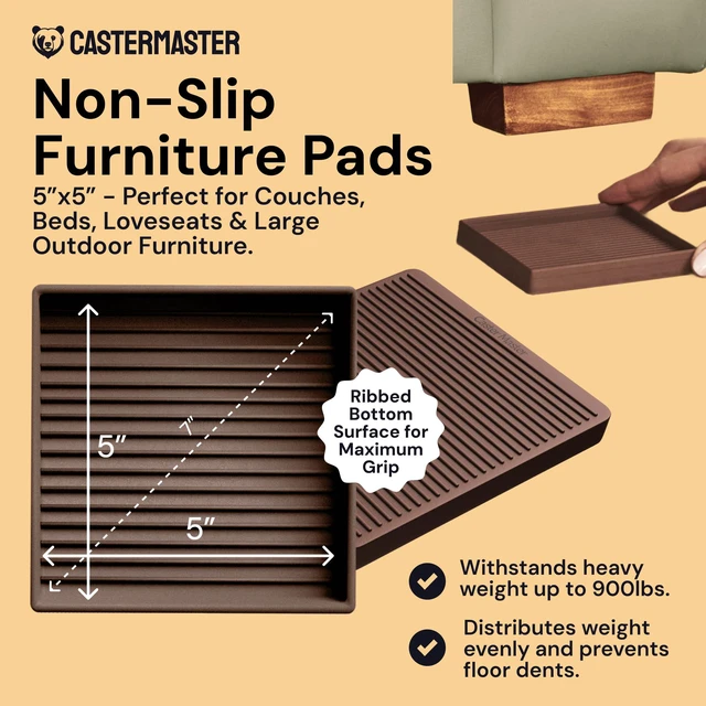 Alt view image 2 of 7 - Square Rubber Pads - 5x5 in Brown, 4 Pack Non-slip caster cups - anti-skid - Use for couches, beds & chairs on hardwood, tile & vinyl