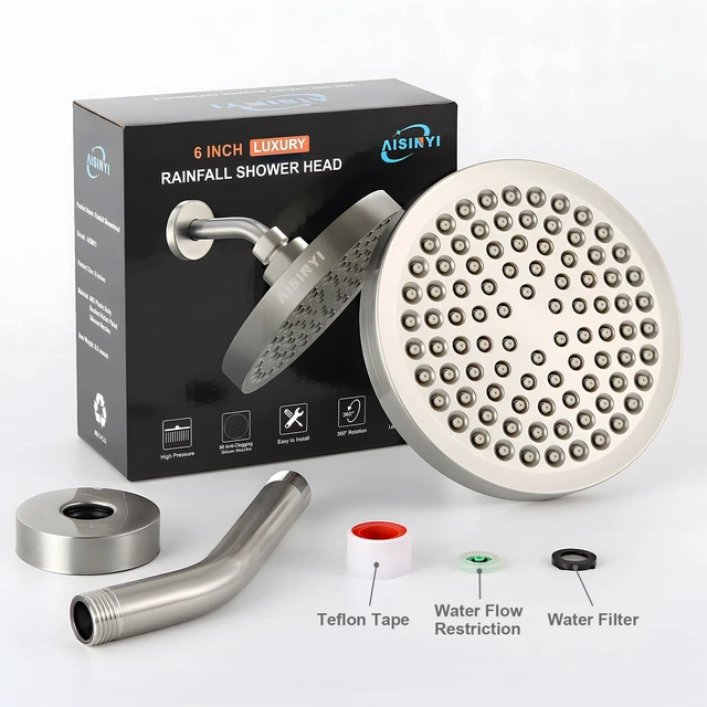 Alt view image 3 of 6 - 6" Rain Shower Head & 6" Shower Arm, Luxury Brushed Nickel Finish High Pressure 6 Inch Fixed Showerhead, Adjustable Replacement, 90 Nozzles, Removable Restrictor, Tool-Free Easy to Install