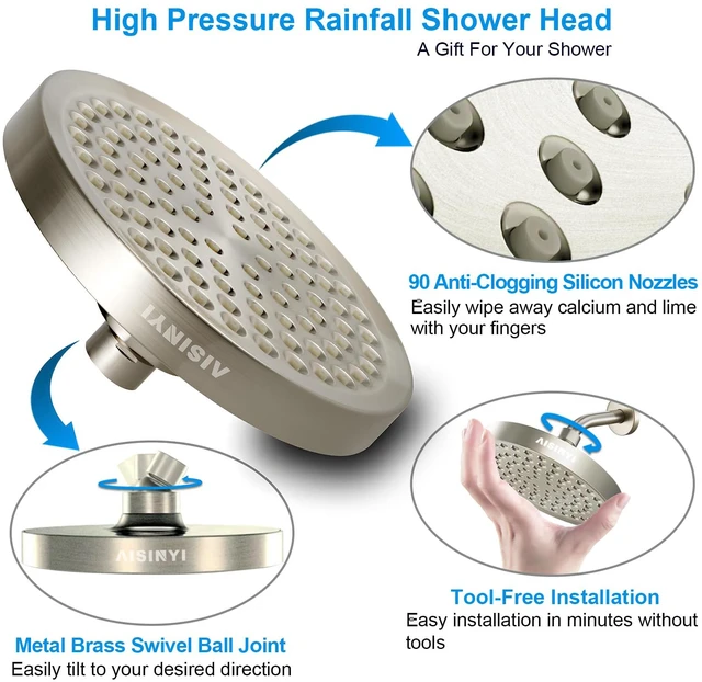 Alt view image 3 of 6 - 6" High Pressure Rain Shower Head, Luxury Brushed Nickel Finish 6 Inch Fixed Bathroom Showerhead, Adjustable Replacement, 90 Anti-Clog Nozzles, Removable Restrictor, Tool-Free Easy Install