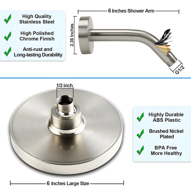 Alt view image 5 of 6 - 6" Rain Shower Head & 6" Shower Arm, Luxury Brushed Nickel Finish High Pressure 6 Inch Fixed Showerhead, Adjustable Replacement, 90 Nozzles, Removable Restrictor, Tool-Free Easy to Install