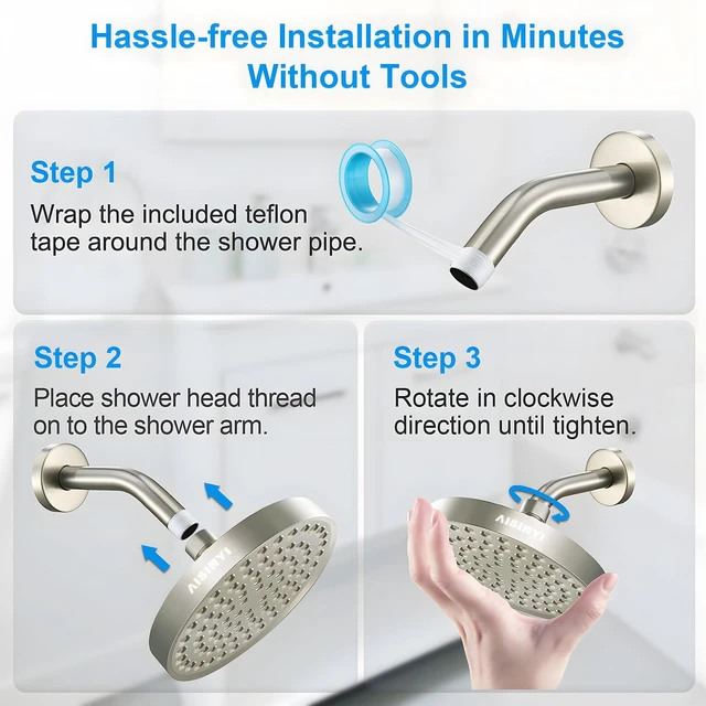 Alt view image 6 of 6 - 6" High Pressure Rain Shower Head, Luxury Brushed Nickel Finish 6 Inch Fixed Bathroom Showerhead, Adjustable Replacement, 90 Anti-Clog Nozzles, Removable Restrictor, Tool-Free Easy Install