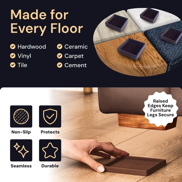Alt view image 6 of 7 - Square Rubber Pads - 5x5 in Brown, 4 Pack Non-slip caster cups - anti-skid - Use for couches, beds & chairs on hardwood, tile & vinyl