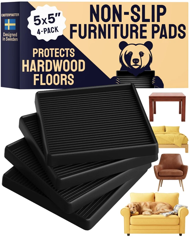 Main image of Non-Slip Furniture Pads - 5x5 in Black, 4 Pack Heavy-duty rubber feet - noise-dampening, anti-skid - Use for furniture on hardwood floors