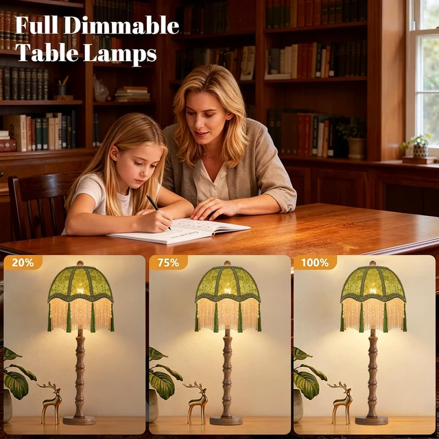 Alt view image 2 of 7 - Vintage Table Lamp for Bedroom Living Room,Fringe Bedside Lamps Dimmable Boho Bedroom Lamp with Flower Green Lamp Shade,Mid Century Retro Tassel Unique Wood Small Nightstand Lamp Tiffany Decor