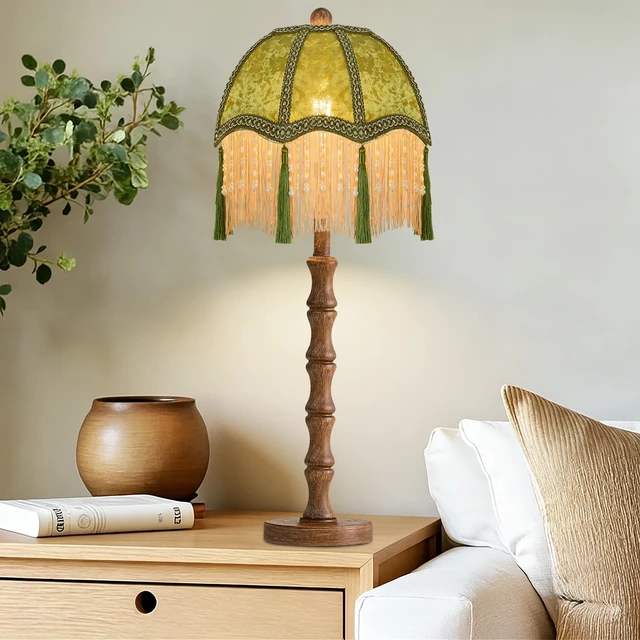 Alt view image 3 of 7 - Vintage Table Lamp for Bedroom Living Room,Fringe Bedside Lamps Dimmable Boho Bedroom Lamp with Flower Green Lamp Shade,Mid Century Retro Tassel Unique Wood Small Nightstand Lamp Tiffany Decor
