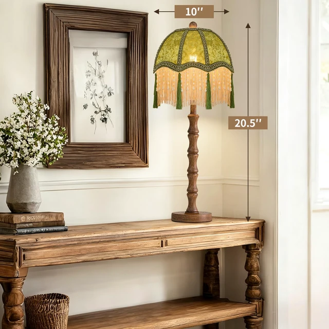 Alt view image 4 of 7 - Vintage Table Lamp for Bedroom Living Room,Fringe Bedside Lamps Dimmable Boho Bedroom Lamp with Flower Green Lamp Shade,Mid Century Retro Tassel Unique Wood Small Nightstand Lamp Tiffany Decor