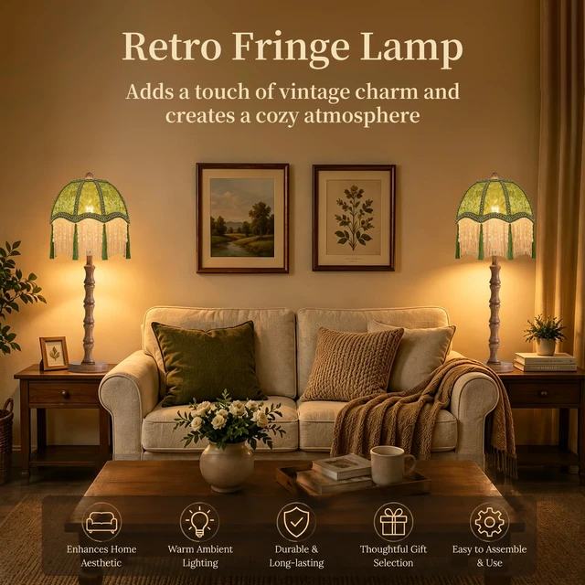 Alt view image 5 of 7 - Vintage Table Lamp for Bedroom Living Room,Fringe Bedside Lamps Dimmable Boho Bedroom Lamp with Flower Green Lamp Shade,Mid Century Retro Tassel Unique Wood Small Nightstand Lamp Tiffany Decor