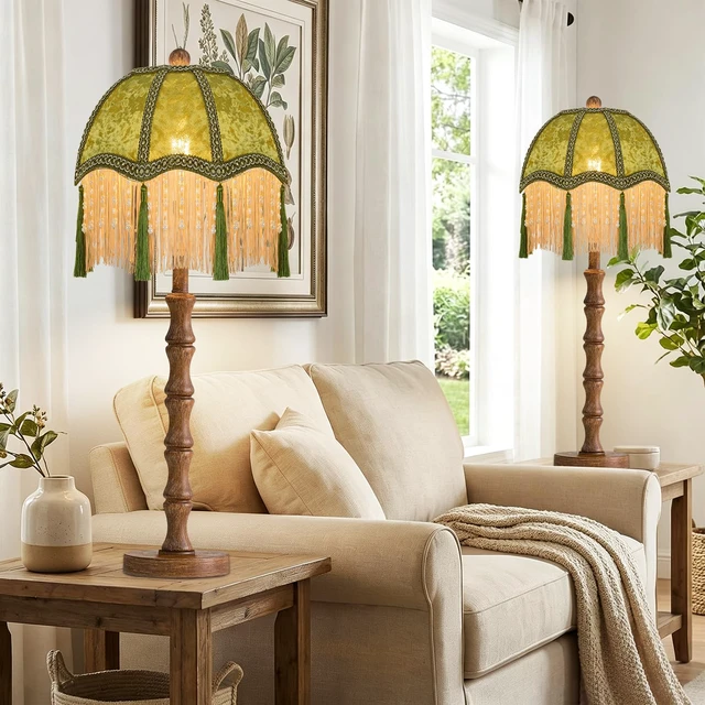 Alt view image 6 of 7 - Vintage Table Lamp for Bedroom Living Room,Fringe Bedside Lamps Dimmable Boho Bedroom Lamp with Flower Green Lamp Shade,Mid Century Retro Tassel Unique Wood Small Nightstand Lamp Tiffany Decor