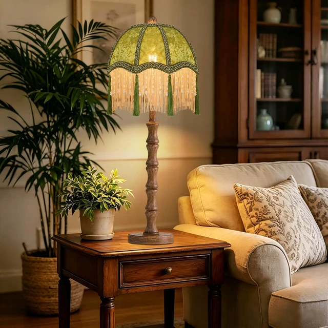 Alt view image 7 of 7 - Vintage Table Lamp for Bedroom Living Room,Fringe Bedside Lamps Dimmable Boho Bedroom Lamp with Flower Green Lamp Shade,Mid Century Retro Tassel Unique Wood Small Nightstand Lamp Tiffany Decor