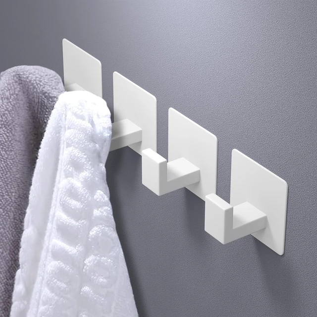 Alt view image 3 of 7 - Wall Towel Hooks, Heavy Duty Sticky Holder Waterproof Towel Hooks for Hanging Coat, Clothes, Closet Hook Wall Mount for Kitchen (White, 4 Pack)