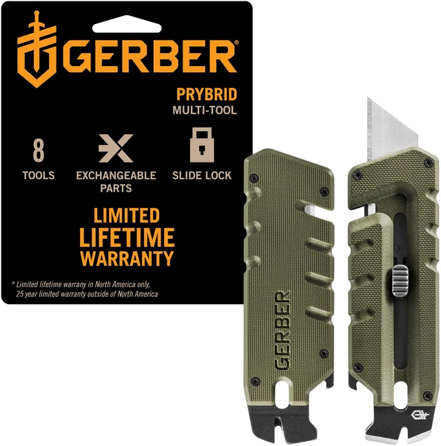 Main image of Prybrid EDC Pocket Knife Multitool 8-in-1 Box Cutter, Green G10 Retractable box cutter blade, pry bar, G10 handle, pocket clip, everyday carry, compact multitool, durable EDC knife