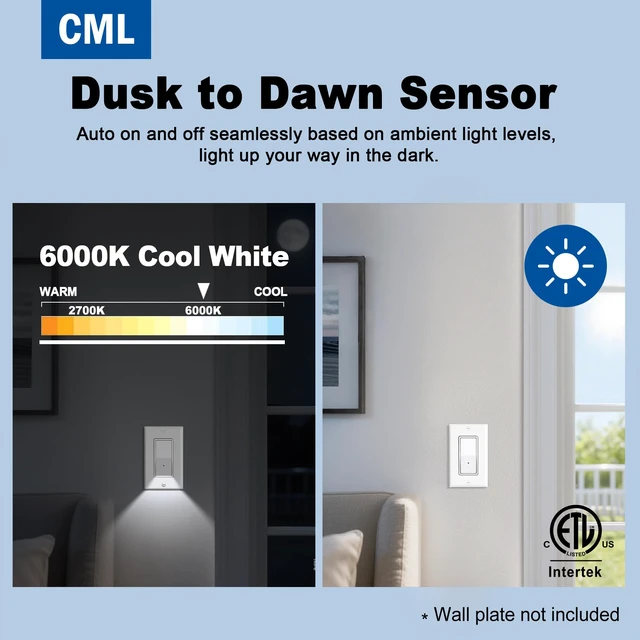 Alt view image 3 of 7 - 3-Way Illuminated Light Switch for Hallway, Bedroom, Bathroom, 10 Pack LED Night Light, Dusk to Dawn Automatic On/Off Sensor, 15A 120V, Decorator Rocker Paddle Interrupter, ETL Listed, White