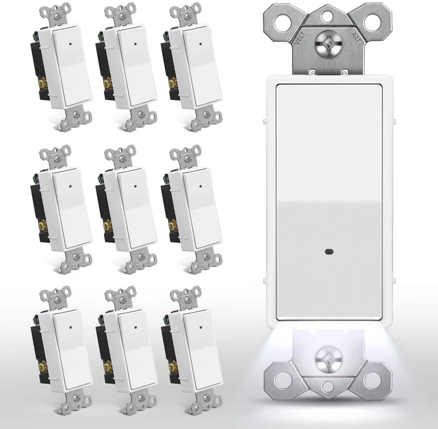 Main image of 3-Way Illuminated Light Switch for Hallway, Bedroom, Bathroom, 10 Pack LED Night Light, Dusk to Dawn Automatic On/Off Sensor, 15A 120V, Decorator Rocker Paddle Interrupter, ETL Listed, White