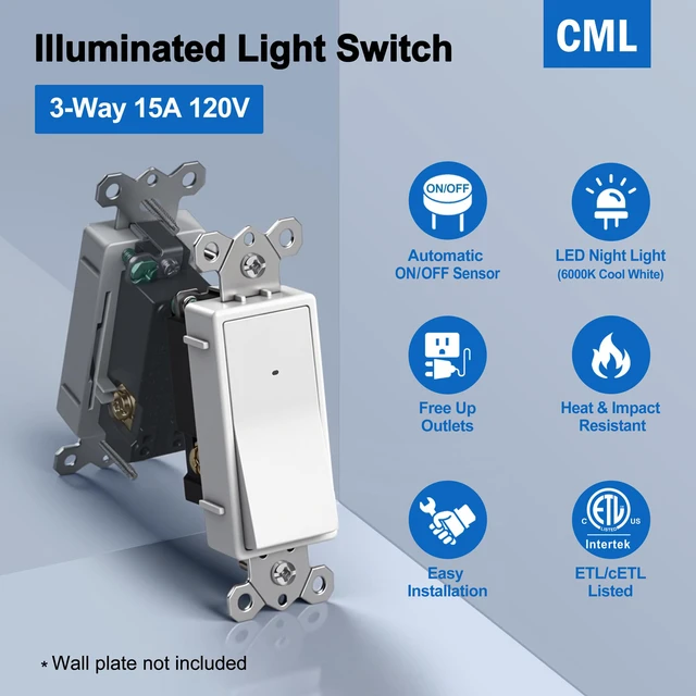 Alt view image 2 of 7 - 3-Way Illuminated Light Switch for Hallway, Bedroom, Bathroom, 10 Pack LED Night Light, Dusk to Dawn Automatic On/Off Sensor, 15A 120V, Decorator Rocker Paddle Interrupter, ETL Listed, White