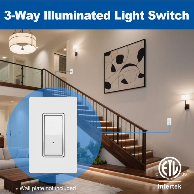 Alt view image 4 of 7 - 3-Way Illuminated Light Switch for Hallway, Bedroom, Bathroom, 10 Pack LED Night Light, Dusk to Dawn Automatic On/Off Sensor, 15A 120V, Decorator Rocker Paddle Interrupter, ETL Listed, White