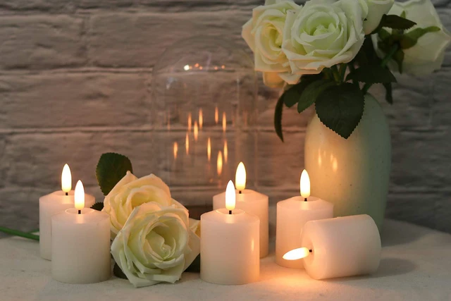 Alt view image 4 of 7 - Wax Votive Flameless Candles Battery Operated with Timer White Battery Include, Pillar LED Fake candles,Realistic 3D Flame, Christmas Wedding Party Holiday Home Decor, 2 x 3.2 In, 6 Pack