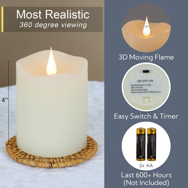 Alt view image 2 of 6 - Flameless Candles Battery Operated with Timer, 3D Moving Flame Flickering, Last 600+ Hours Battery Candles, 3" x 4" Ivory Real Wax Electric LED Candle for Wedding Party Decorations