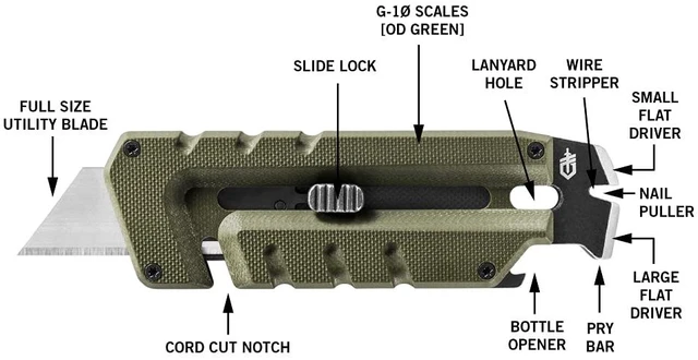 Alt view image 3 of 7 - Prybrid EDC Pocket Knife Multitool 8-in-1 Box Cutter, Green G10 Retractable box cutter blade, pry bar, G10 handle, pocket clip, everyday carry, compact multitool, durable EDC knife